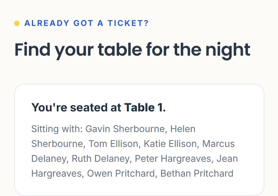 A guest looking up their own table on their phone: the result reads You are seated at Table 1, and lists the nine other people on the table