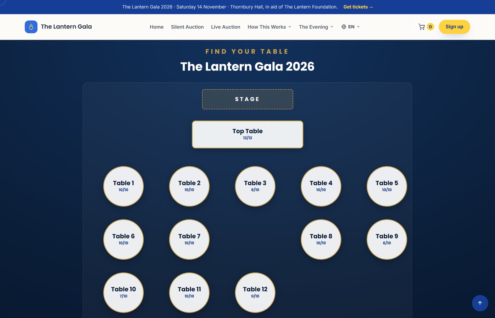 Event table plan software showing a floor plan with a stage, a top table and twelve round tables, each with a live count of how many seats are filled
