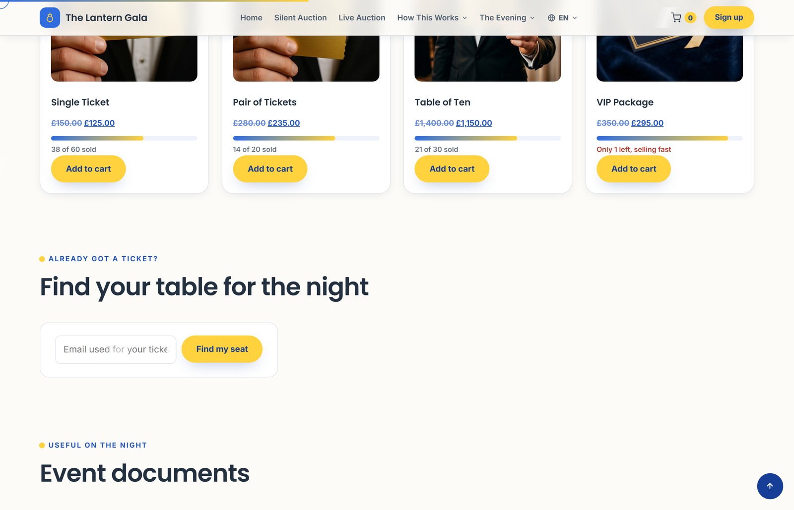 Event ticketing software showing four ticket tiers with live sold counters, a find-your-table lookup and an event documents section