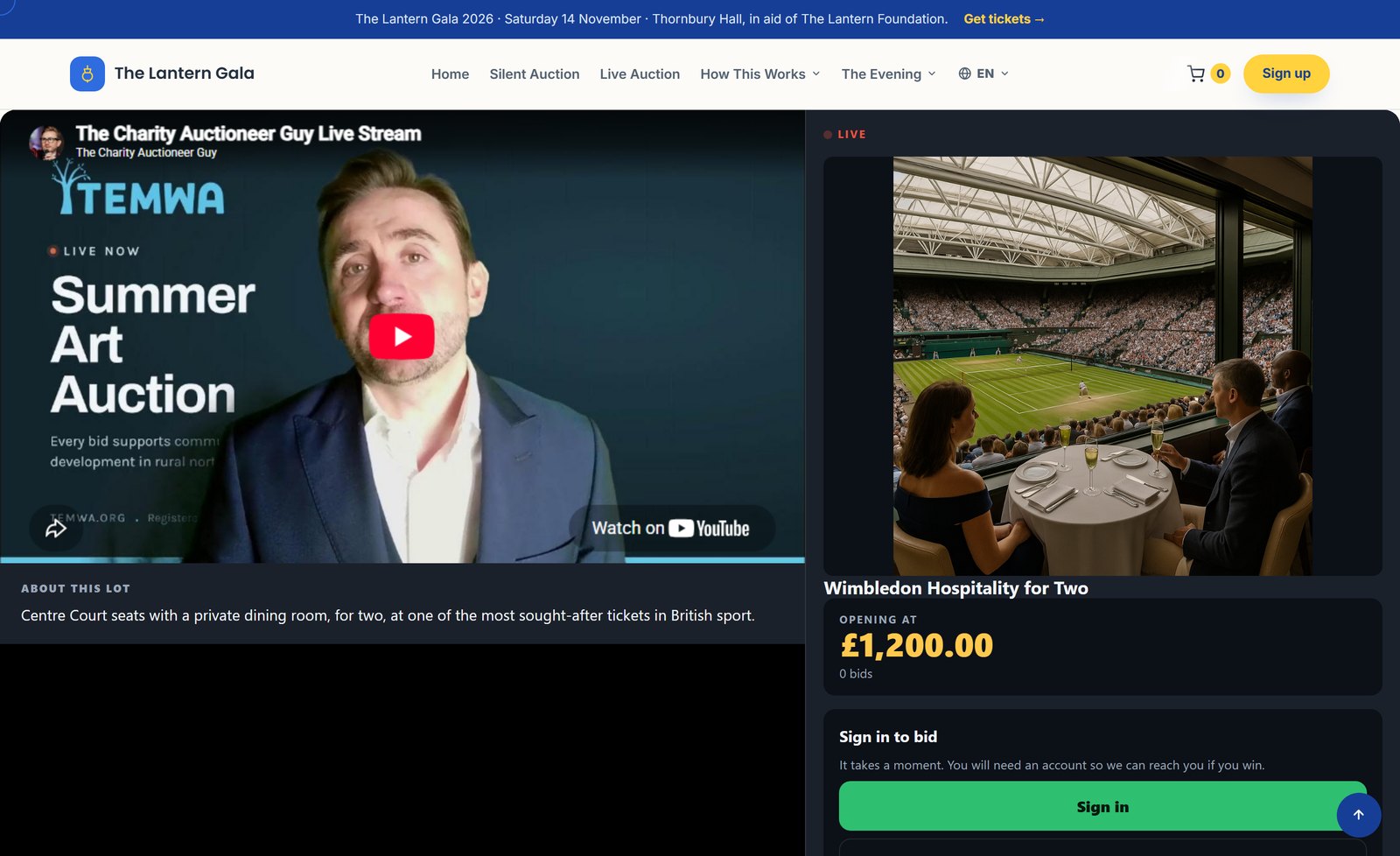 Virtual auction software: the live stream on the left with the current lot, its price and the bid controls beside it rather than overlaid on the video